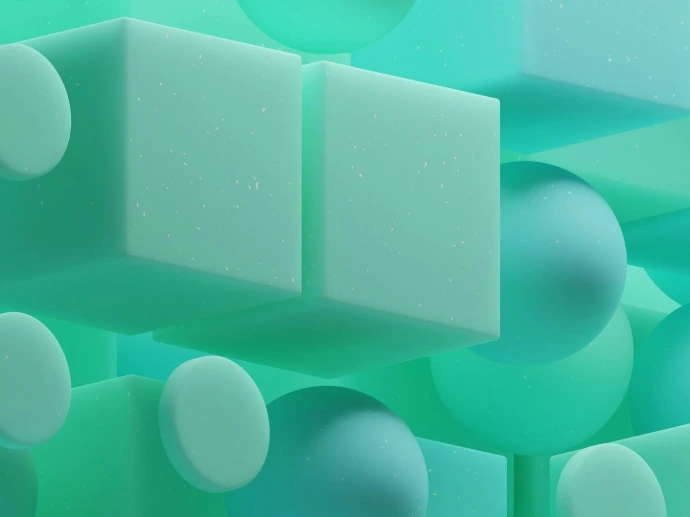 A green and blue abstract background with squares and bubbles